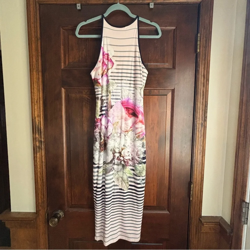 TED Baker Laya Sleeveless Bodycon Midi Dress size 1 (US 2-4). Floral & stipe - Picture 4 of 10